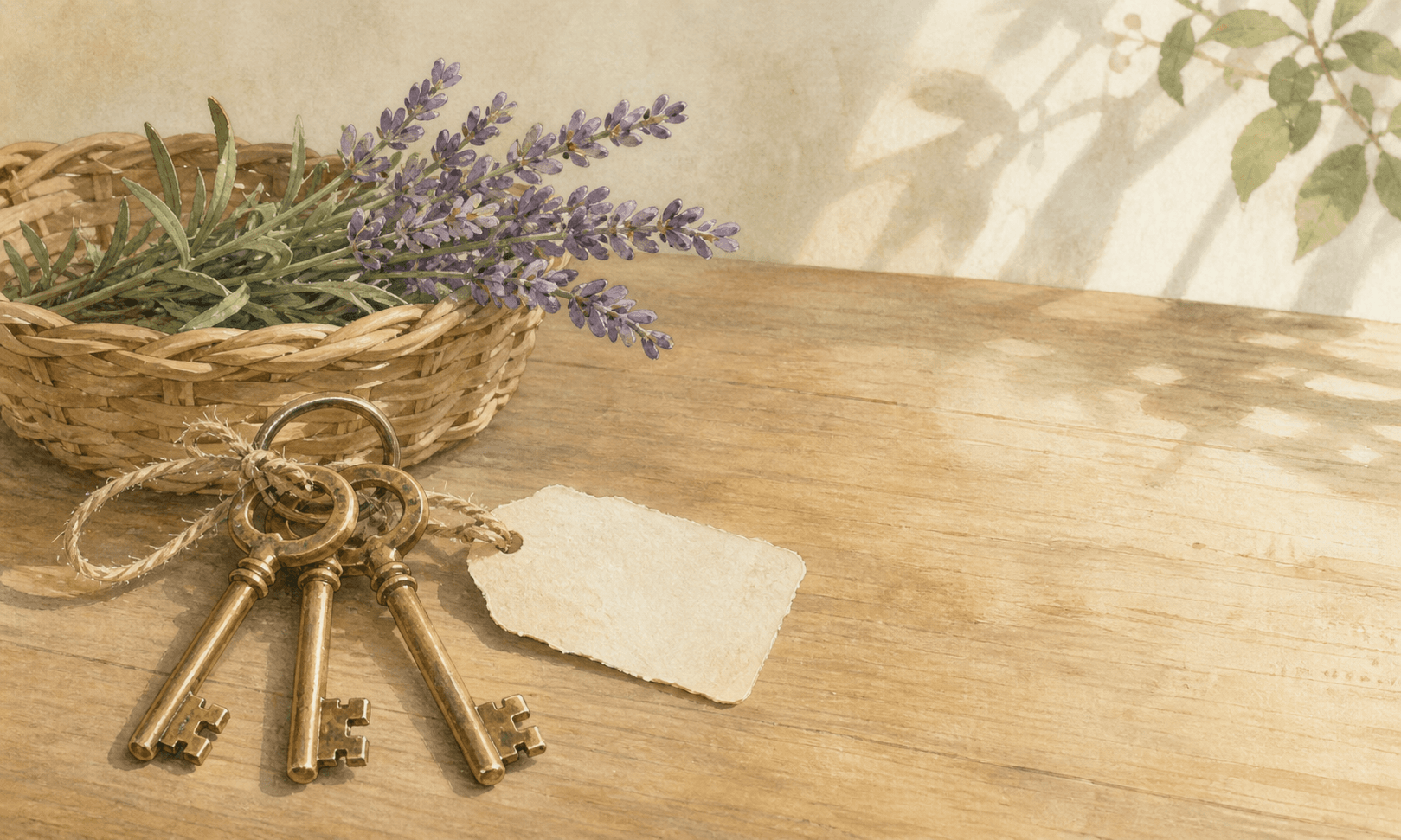 Mazzo di chiavi vintage in ottone con etichetta di carta legata da spago, posato su tavolo di legno illuminato da luce calda, stile acquerello