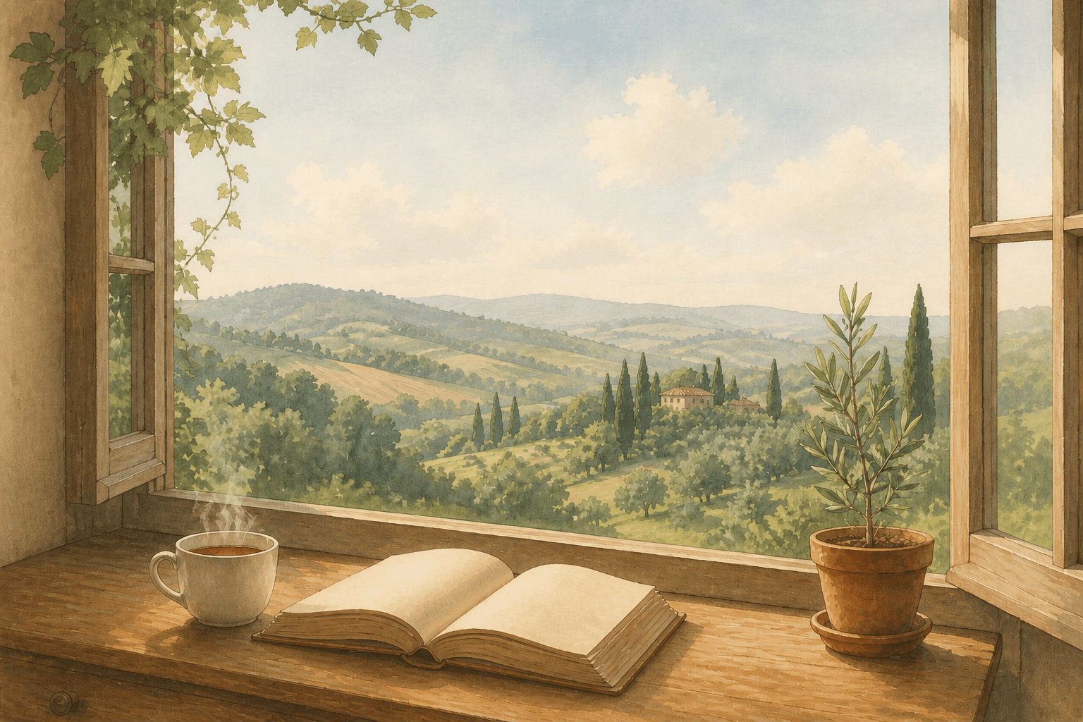 Illustrazione di una scrivania con libro aperto davanti a una finestra che si affaccia su un paesaggio toscano, in stile acquerello