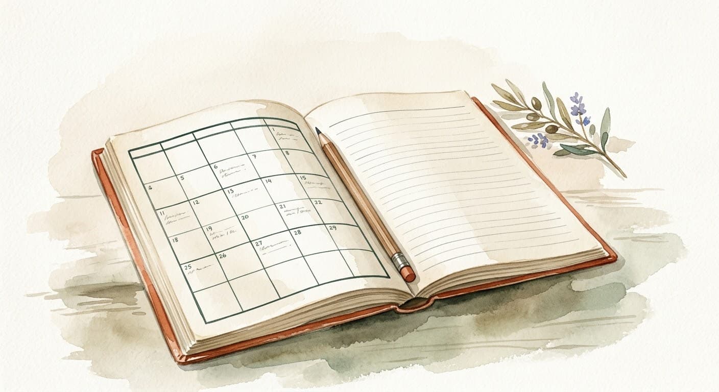 Acquerello di moduli statistici e un calendario mensile accanto a una penna, su tavolo di legno chiaro