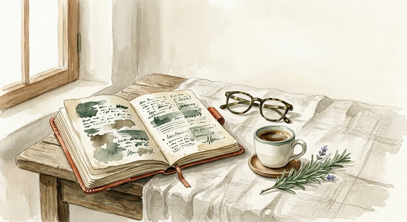Acquerello di un quaderno di campo aperto con appunti a mano, penna e piccoli oggetti da scrivania, luce naturale, stile editoriale calmo